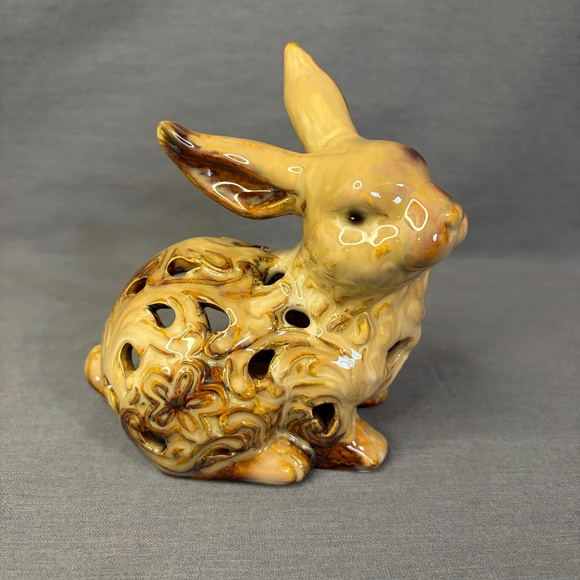 Other - Bunny Rabbit Candle Holder Cut Outs Floral Pattern Sitting Ceramic Tea Light